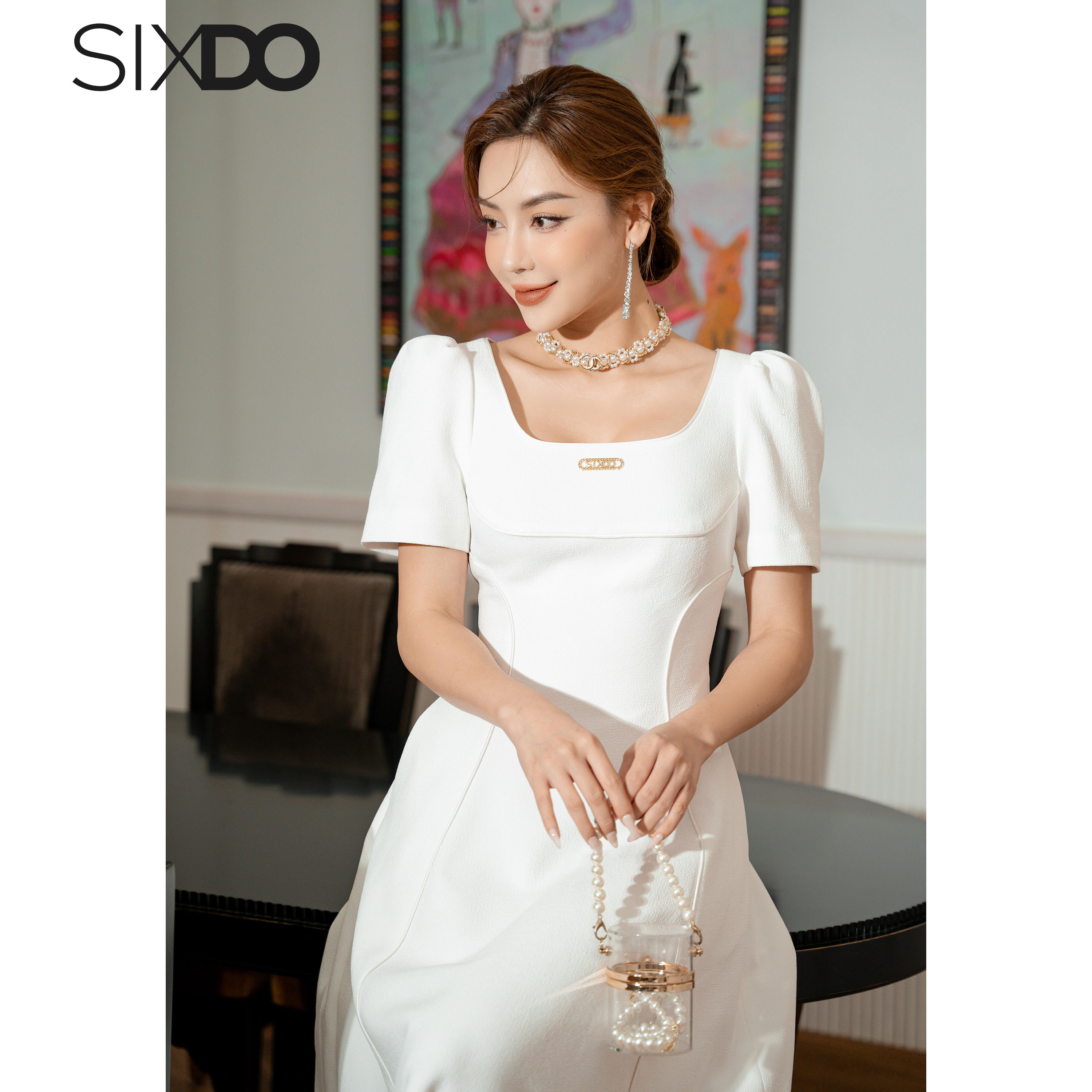 Đầm trắng cổ U dáng xòe SIXDO (White U-neckline Midi Woven Dress)