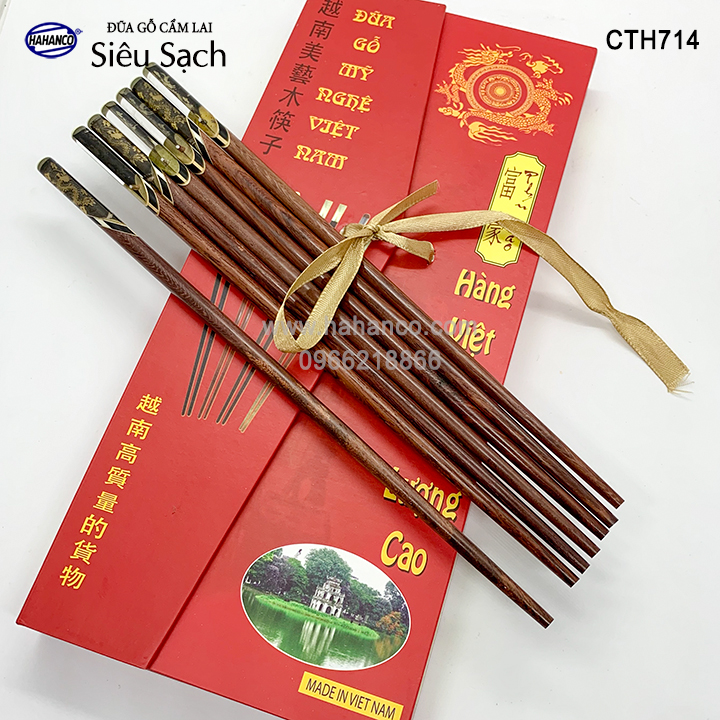 Đũa gỗ Cẩm Lai - đầu cẩm thạch 3D chìm / Rồng/Cá/Trúc (10 đôi/Hộp) HAHANCO (CTH714)