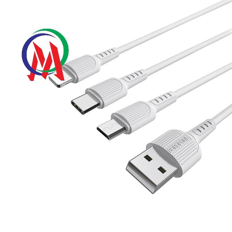[3in1] Cáp sạc 3 đầu Borofone BX16 dài 1m gồm 3 đầu lightning, micro USB, USB Type-C