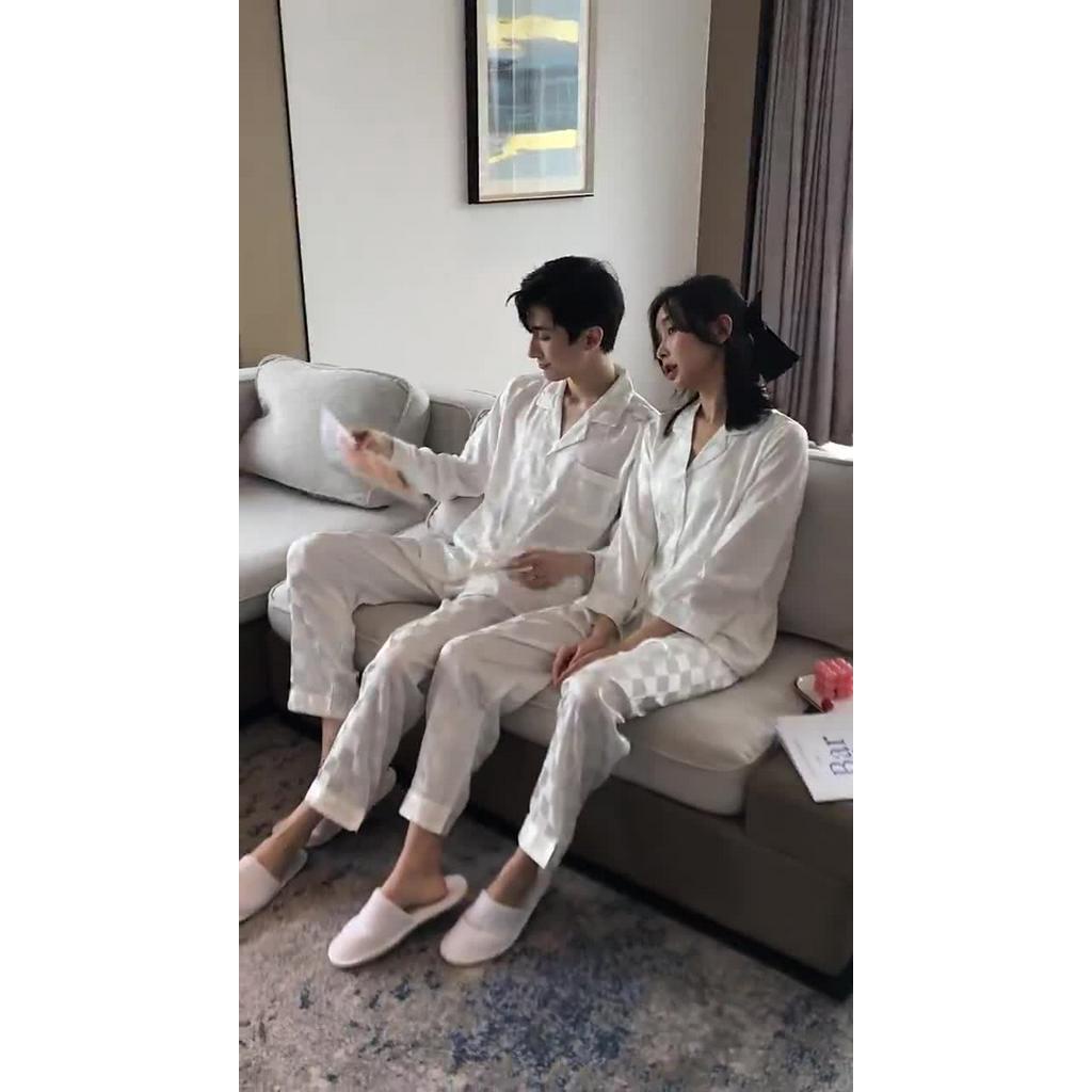 Đồ Ngủ Satin Lụa Dài Tay Cao Cấp 💫 Đồ Đôi Lụa Gấm Mặc Nhà Nam Nữ 💫 IVY614