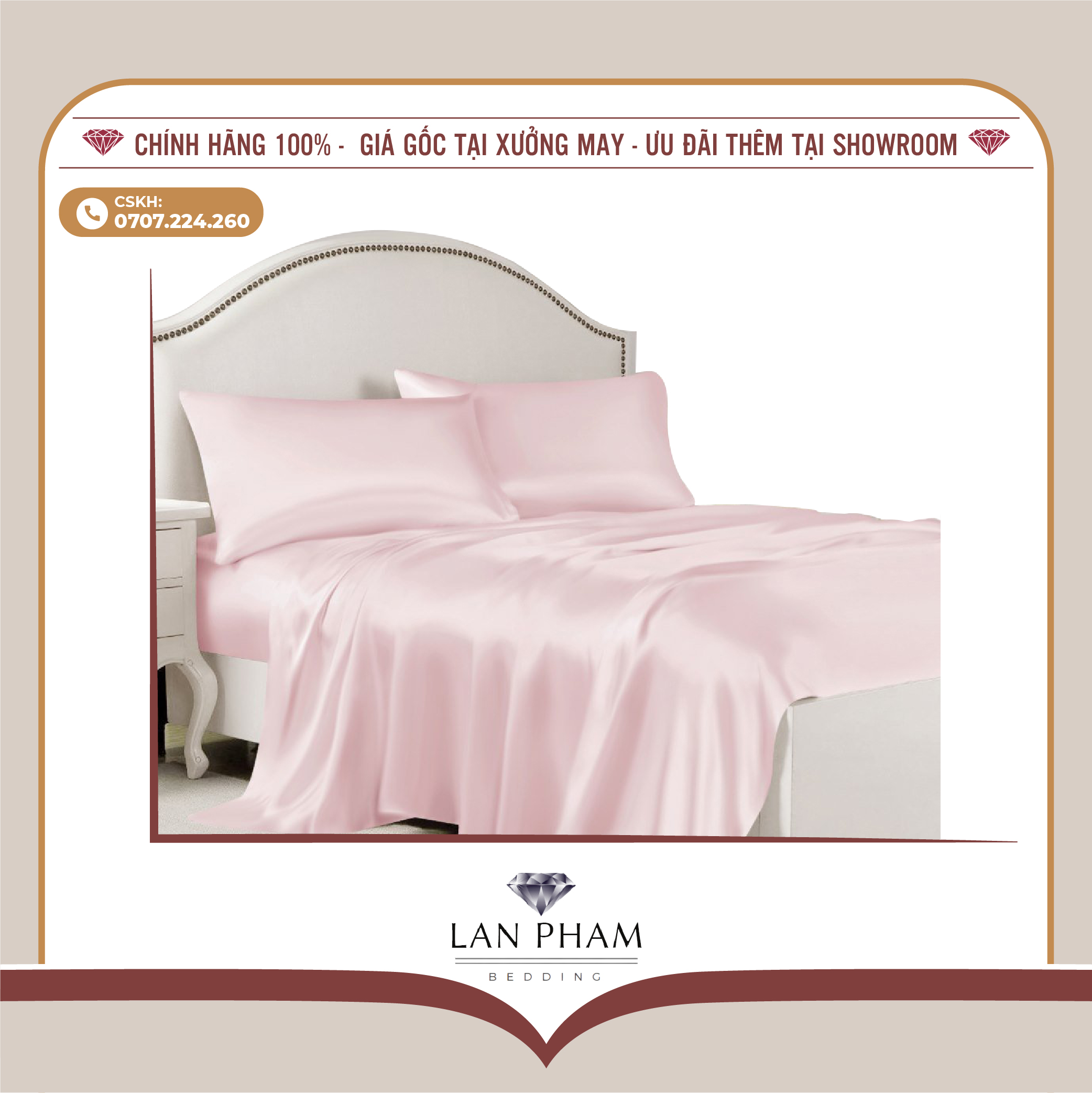 BỘ GA GIƯỜNG DRAP GỐI PHI LỤA MÀU HỒNG PHẤN CAO CẤP LAN BEDDING