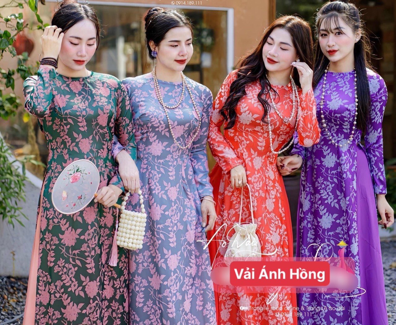 Áo dài truyền thống Vải gấm hoa vải siêu mềm mịn tôn da cổ tròn tay dài