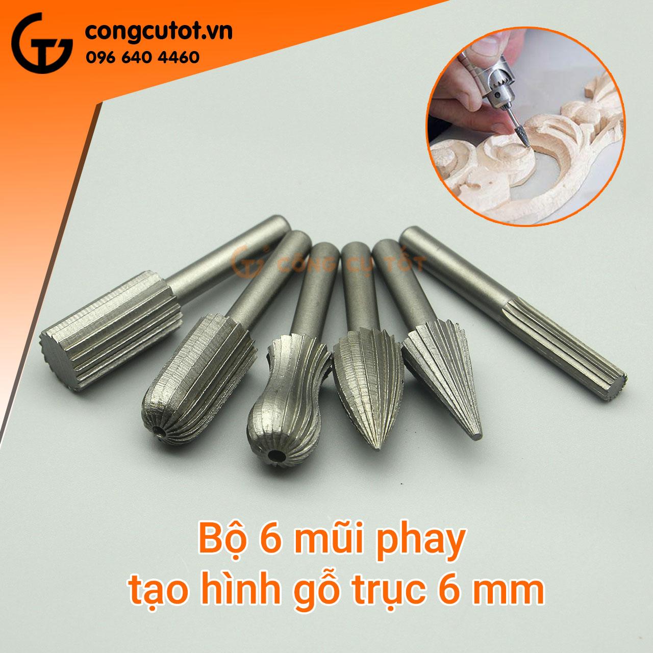 Bộ 6 mũi phay gỗ trục 6mm