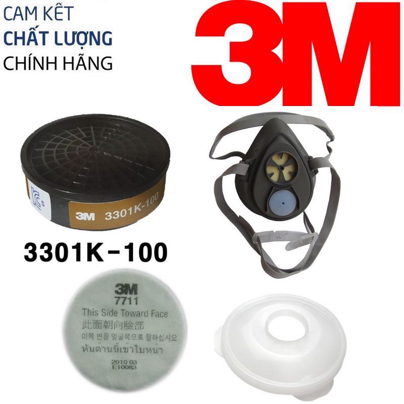 Bộ mặt nạ 3M 3200 + phin lọc 3301K-100 ( tặng thêm tấm lọc và nắp giữ tấm lọc ) tác dụng  phòng độc, chống bụi, bụi siêu mịn PM2.5, mùi thuốc lá, mùi khói xe, các loại khói bụi độc hại ảnh hưởng tới hô hấp