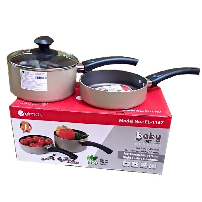 Bộ nồi chảo Elmich chống dính nấu bột cho bé El-1167 gồm quánh và chảo size 16cm