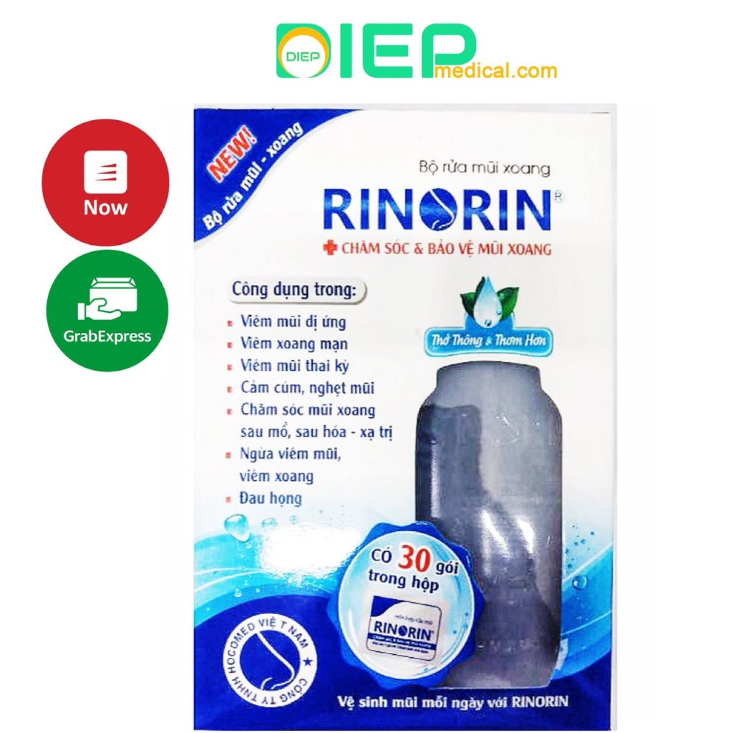 RINORIN Bình + 30 gói muối rửa - Bộ rửa mũi xoang kèm 30 gói hỗn hợp rửa