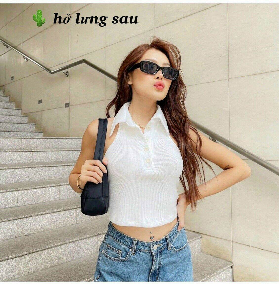 [HCM]Áo croptop cổ bẻ hở lưng
