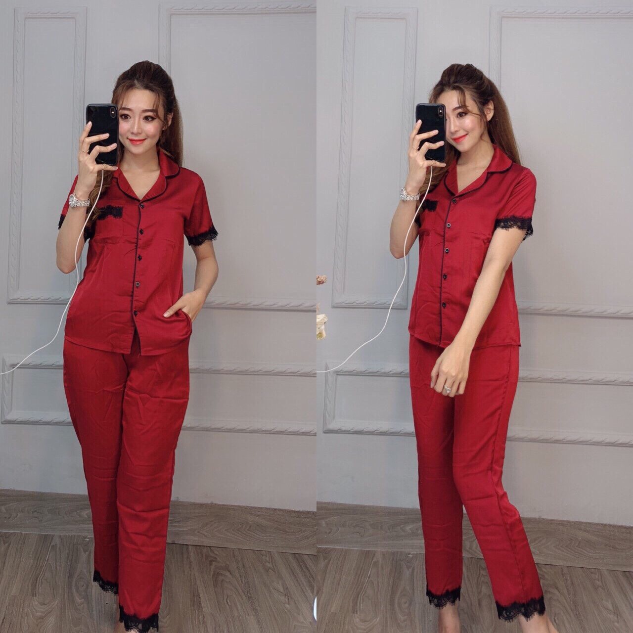 [HCM]Set Bộ Đồ Ngủ Nữ Dài Tay Vải Phi Bóng Phối Ren Thời Trang