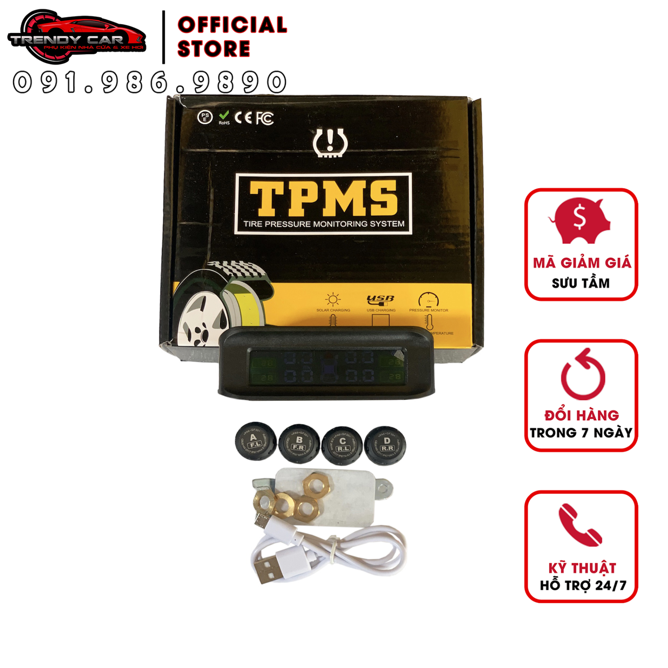 Cảm Biến Áp Suất Lốp Ô Tô TPMS NEW Phiên Bản TIẾNG VIỆT Màn Hình Màu dùng Năng Lượng Mặt Trời (Loại gắn ngoài van)