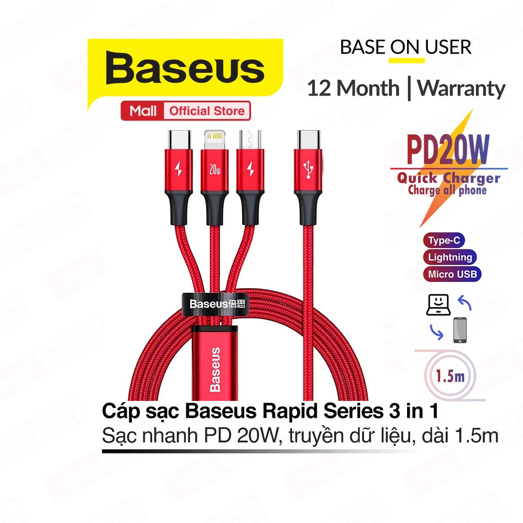 Cáp sạc 3 đầu baseus rapid series 3-in-1 pd20w fast charging cable dài 1.5m