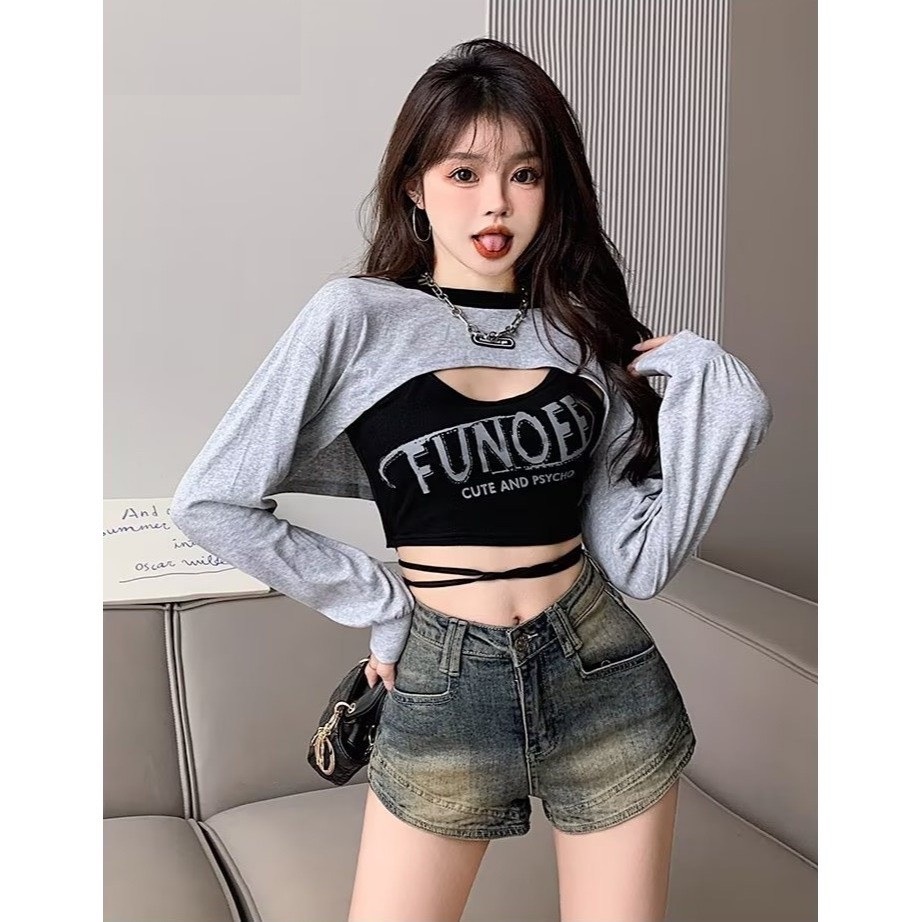 Quần Short Nữ Jean Lưng Cao Basic Lai Kiểu
