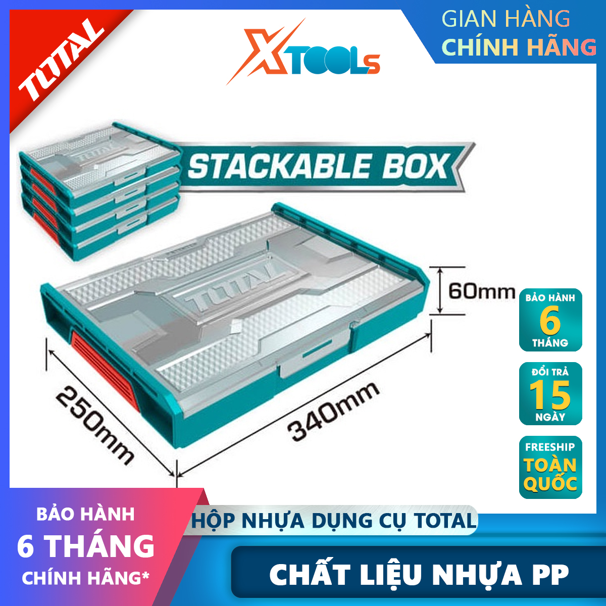 Hộp nhựa đựng dụng cụ TOTAL THKTV02 hộp đồ nghề kích thước 340x250x60mm, Có thể xếp chồng lên nhau Chất liệu nhựa PP XTOOLs, hộp đựng linh kiện