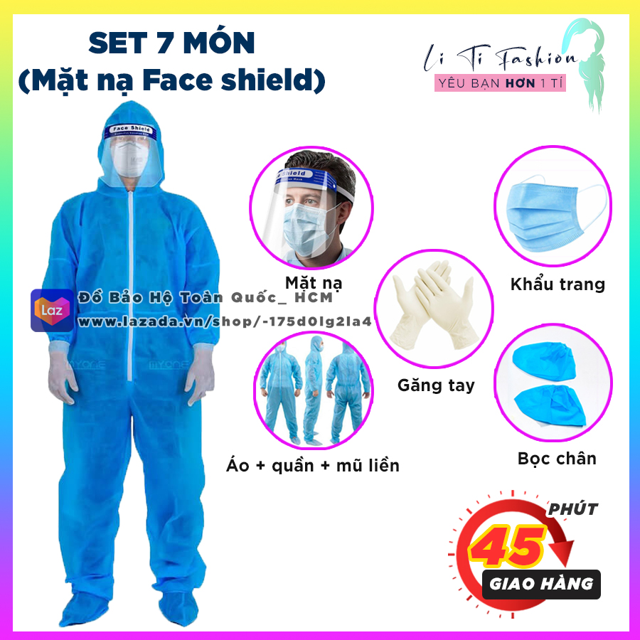 Đồ Bảo Hộ Y Tế - Áo quần chống dịch người lớn và trẻ em - Đồ bảo hộ y tế phòng dịch 7 món mặt nạ face shield