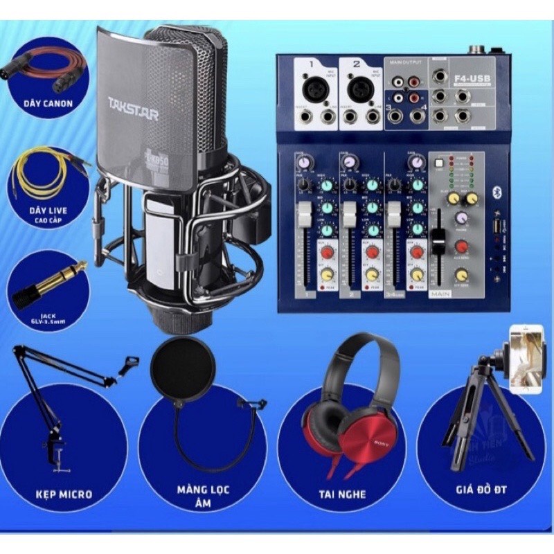 Combo bộ mic cao cấp takstar k850 + mixer yamaha f4 usb bluetooth 2022 đầy đủ phụ kiện tặng kèm tai ốp bảo hành 1 năm