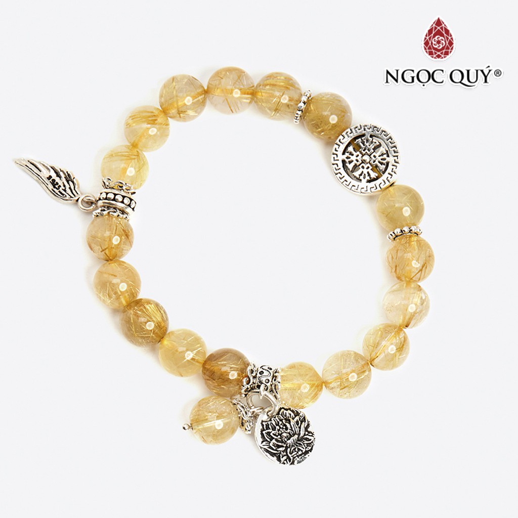 Vòng tay thạch anh tóc vàng phối charm hoa sen - ngọc quý