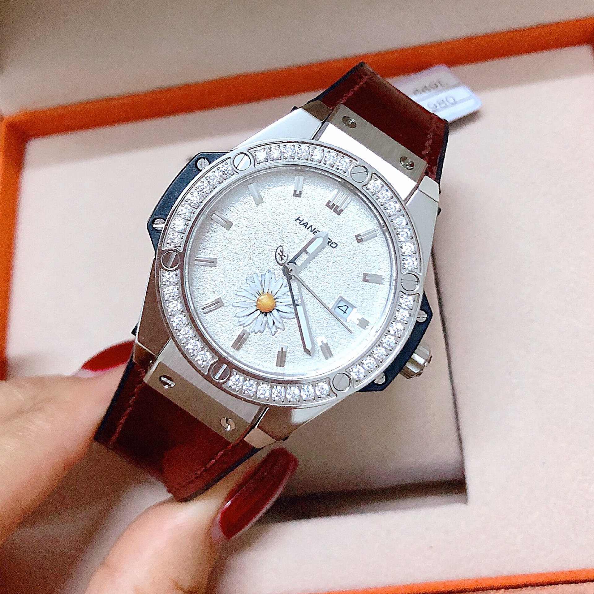 [HCM]Đồng Hồ Hanboro By Huboler Nữ Dây Da Silicon Nâu 36mm Silver
