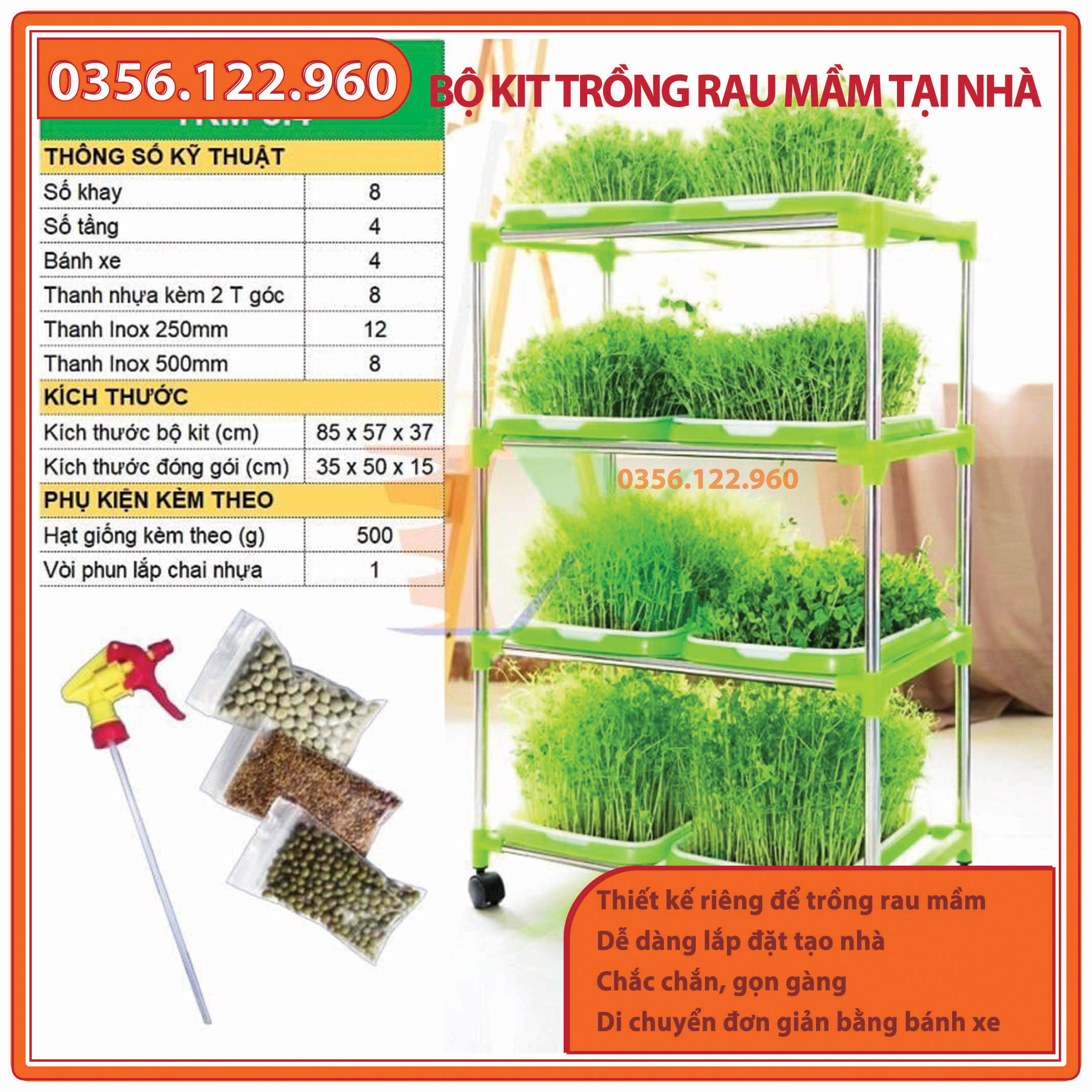 Bộ Kit Kệ + Khay trồng rau mầm 8 khay, 4 tầng bao gồm: Giá đỡ có 4 bánh + 8 Khay trồng + 500g Hạt giống + Vòi xịt nước.