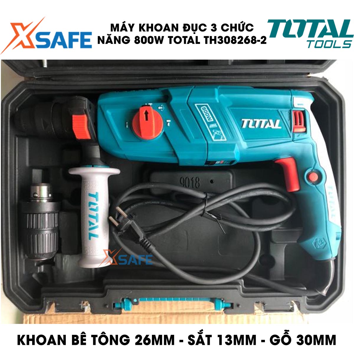 Máy khoan búa cầm tay 3 chức năng 800w Total TH308268-2 đầu gài sds plus, tốc độ 1100rpm, tốc độ búa 4000bpm, lực đập 2.5j, khoan bê tông 26mm, sắt 13mm, gỗ 30mm, kèm 3 mũi khoan bê tông và 2 mũi đục Máy khoan đục