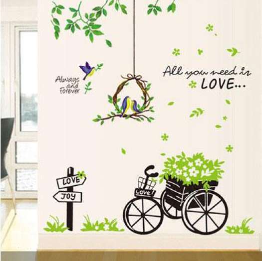 DECAL DÁN TƯỜNG LỒNG CHIM VÀ XE ĐẠP XANH