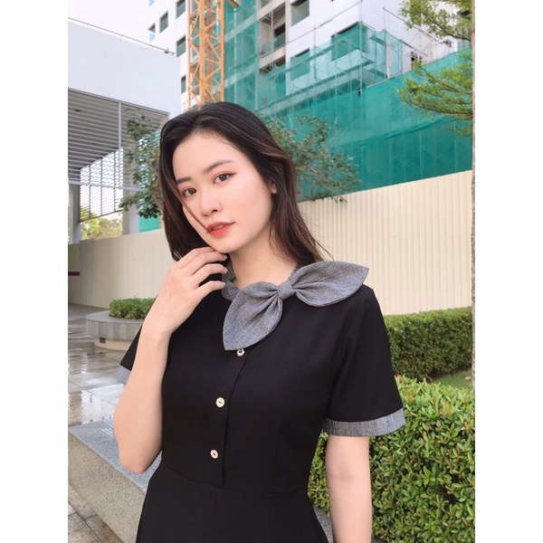 [3-5/8 Hoàn Tiền 25%]Đầm nơ cổ phối màu