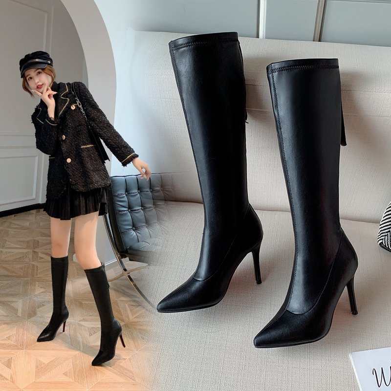 Giày boot cao gót ngang gối da trơn gót nhọn 8 phân S205