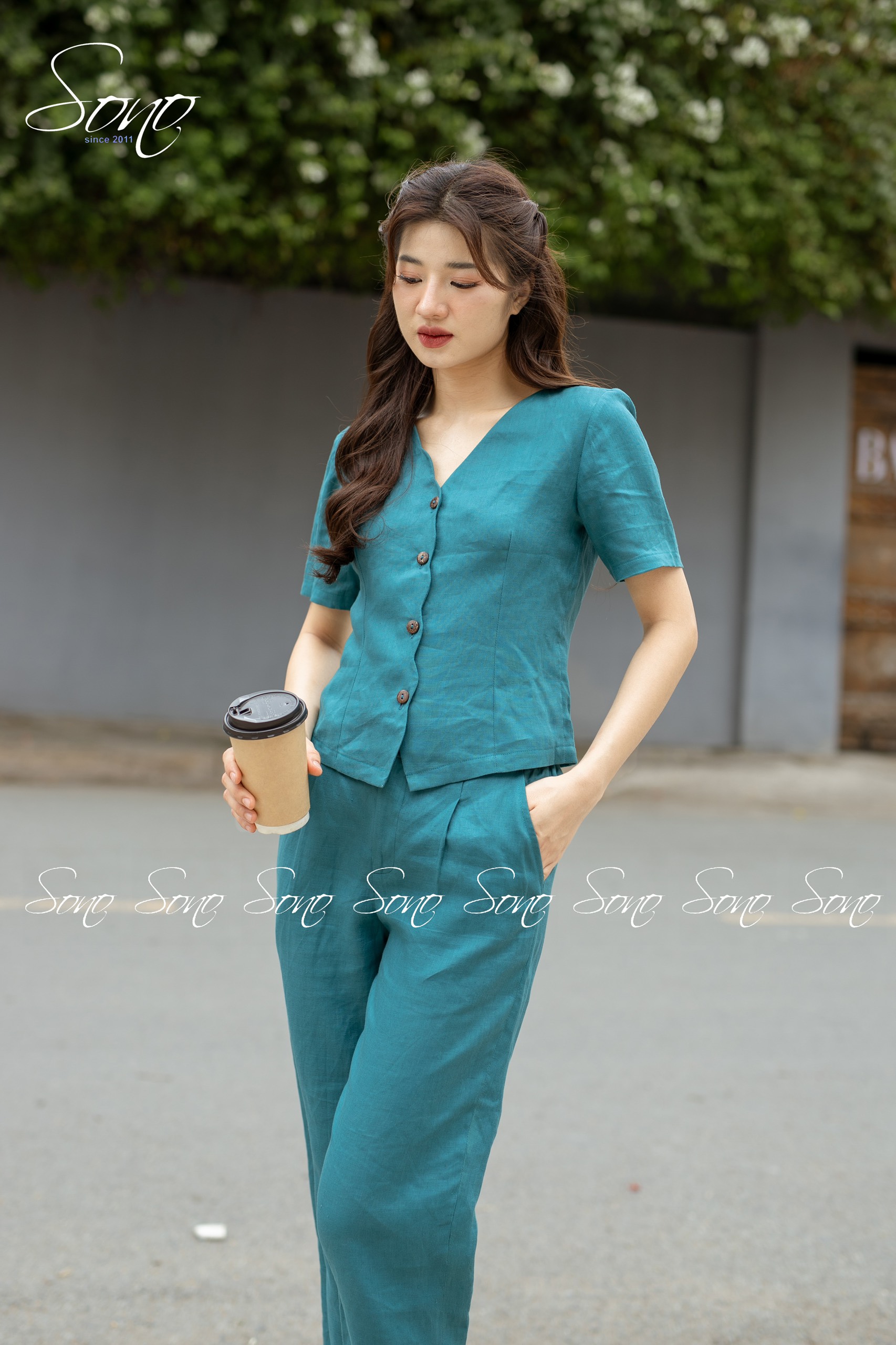 Sono - Bộ Dài Linen Cổ Lượn Sóng