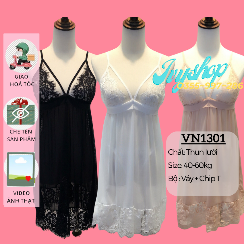 Váy Ngủ Sexy Voan Xuyên Thấu Freesize BigSiize - VN1301 -Đầm Ngủ Tiểu Thư Buộc Dây Xẻ Lưng Gợi Cảm - Đen Trắng Hồng Nude