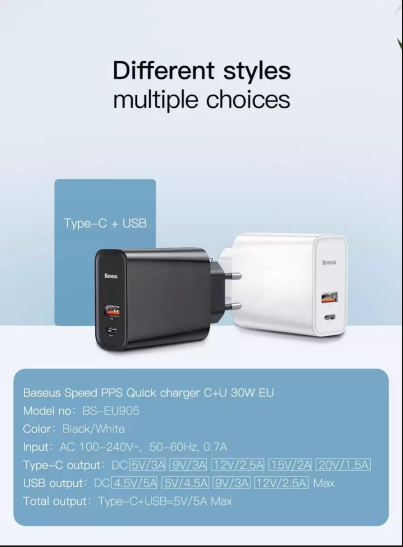 Bộ sạc Baseus 30W 2 cổng USB & Type C, hổ trợ sạc nhanh 2 cổng