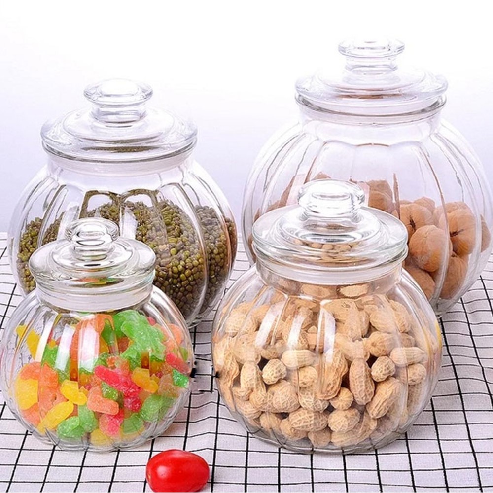 Lọ Thủy Tinh Hình Bí Đỏ, nắp có giăng (750ml - 1300ML - 2000ML)