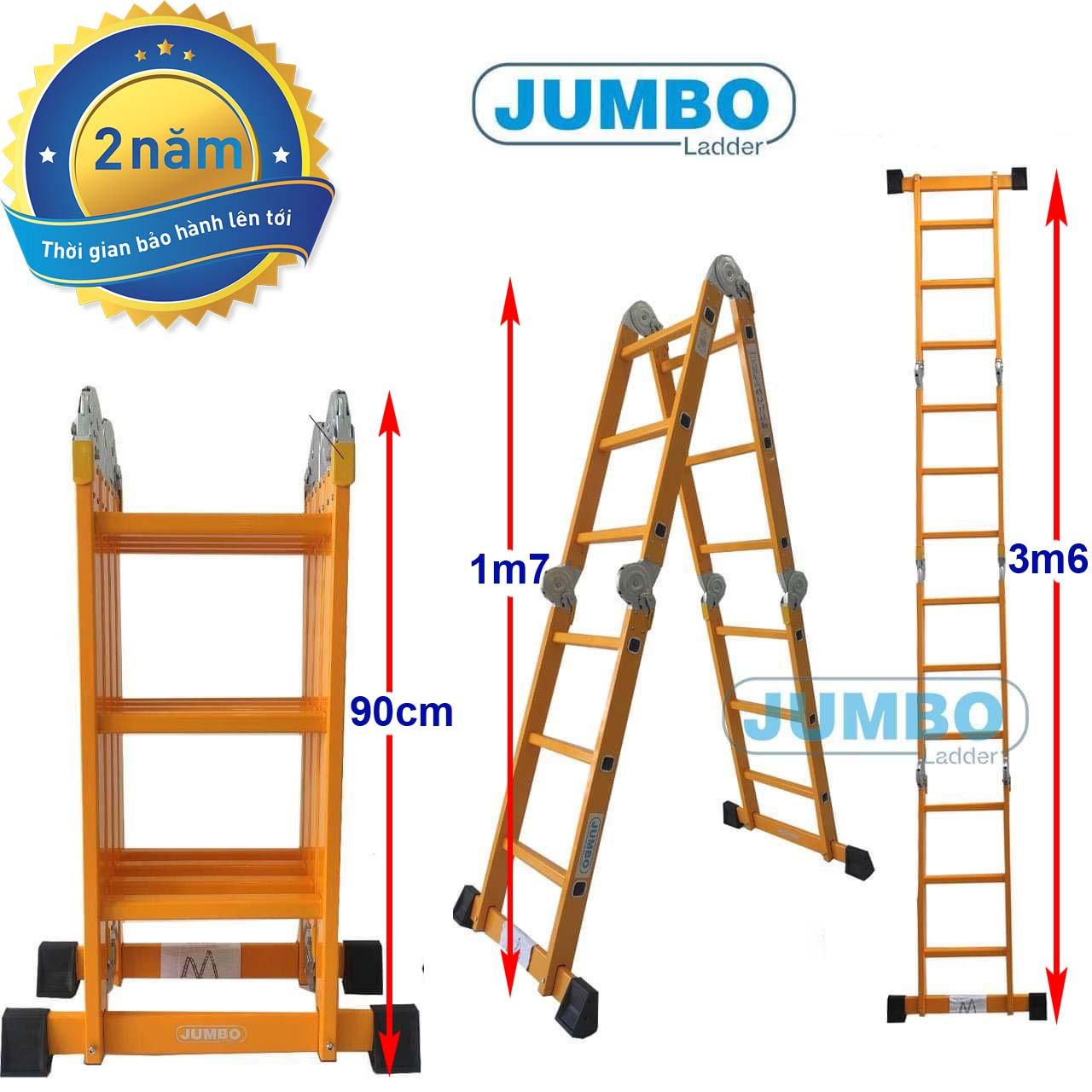 Thang nhôm gấp 4 đoạn chữ A: 1.73m duỗi thẳng: 3,58m Jumbo B303 - Tải trọng 300kg, Độ dày nhôm 1.7 - 2mm, Bảo hành 2 năm
