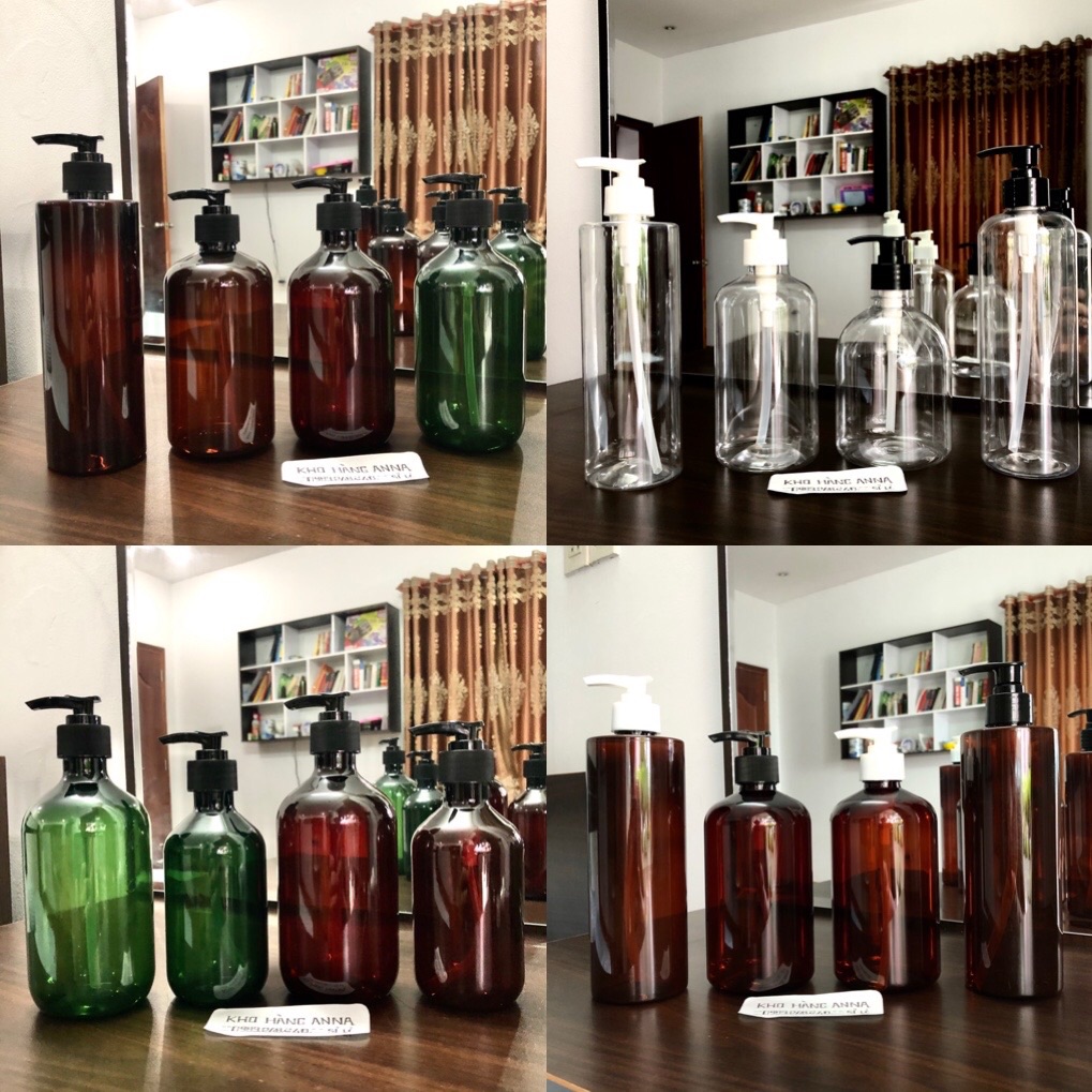 Combo 2 Vỏ Chai nhựa vòi nhấn xịt giọt- 2 Chai Pet 500ml/ 300ml màu nâu/ màu xanh rêu- Chai nhựa rỗng đựng dầu gội vòi nhấn đen - Chai nhựa Pet đủ màu lớn 500ml / 300ml