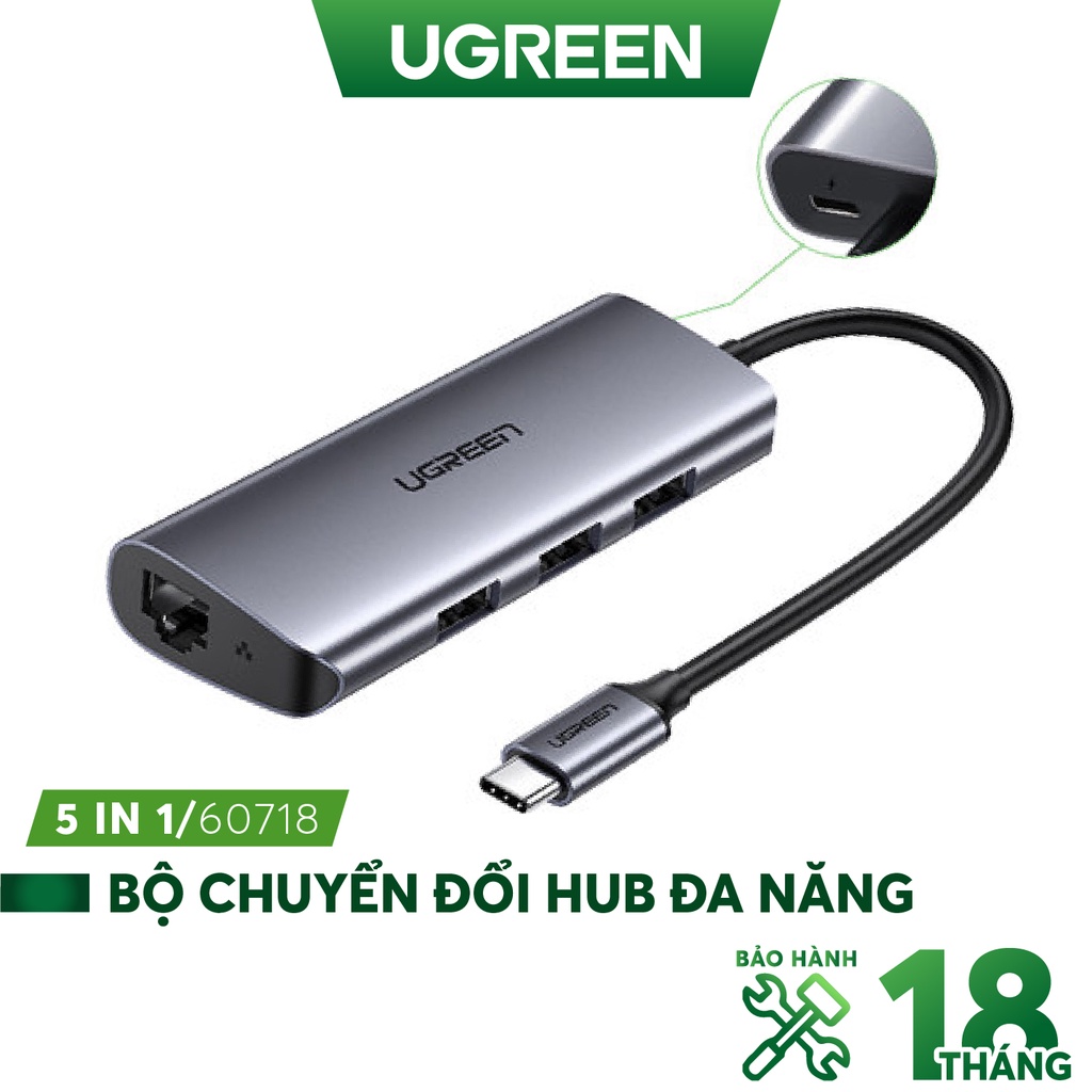 Thiết bị mở rộng usb type-c to hub 3 cổng usb 3.0/lan gigabit hỗ trợ cổng cấp nguồn ugreen 60718 cao cấp