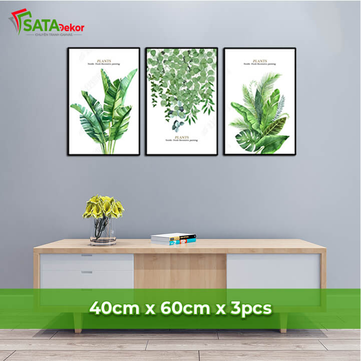 Tranh vải treo tường in trên canvas bộ 3 tranh cây lá xanh tối giản phong cách Bắc Âu hiện đại
