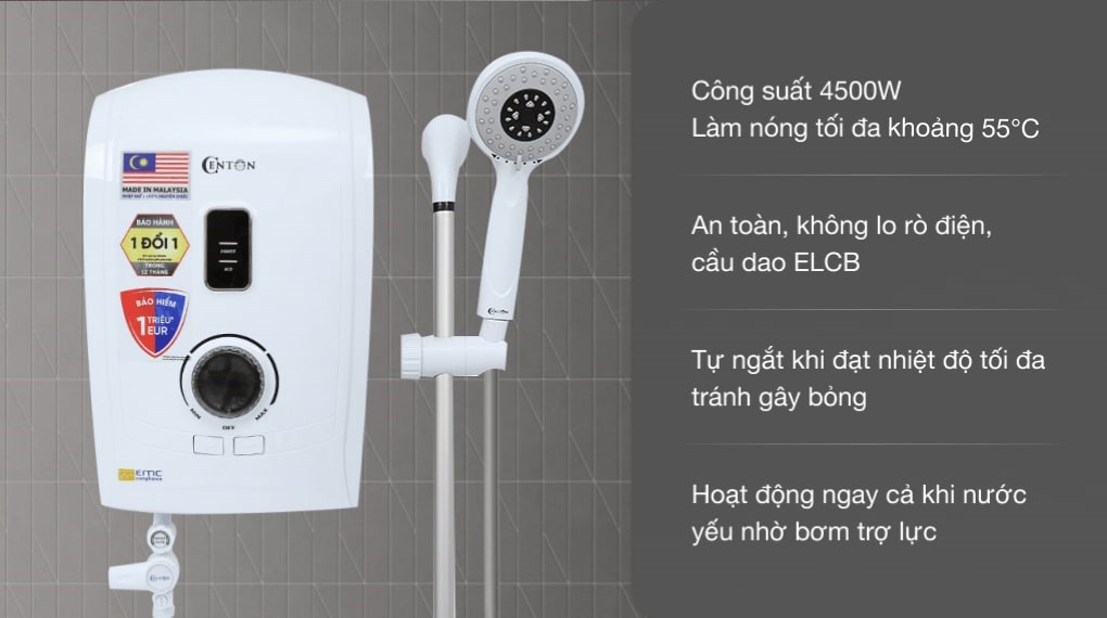 Máy nước nóng trược tiếp Centon có bơm êm GD600 ESP RS/ ESP , nhập khẩu malaysia, bảo hành chính hãng 2 năm
