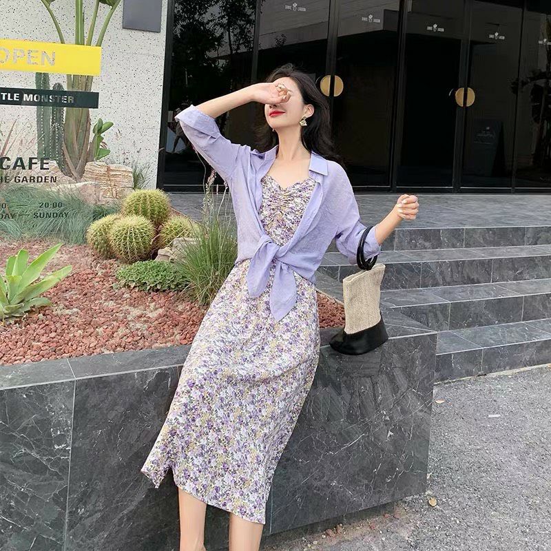 Đầm midi hoa khoát sơ mi tím cực xinh
