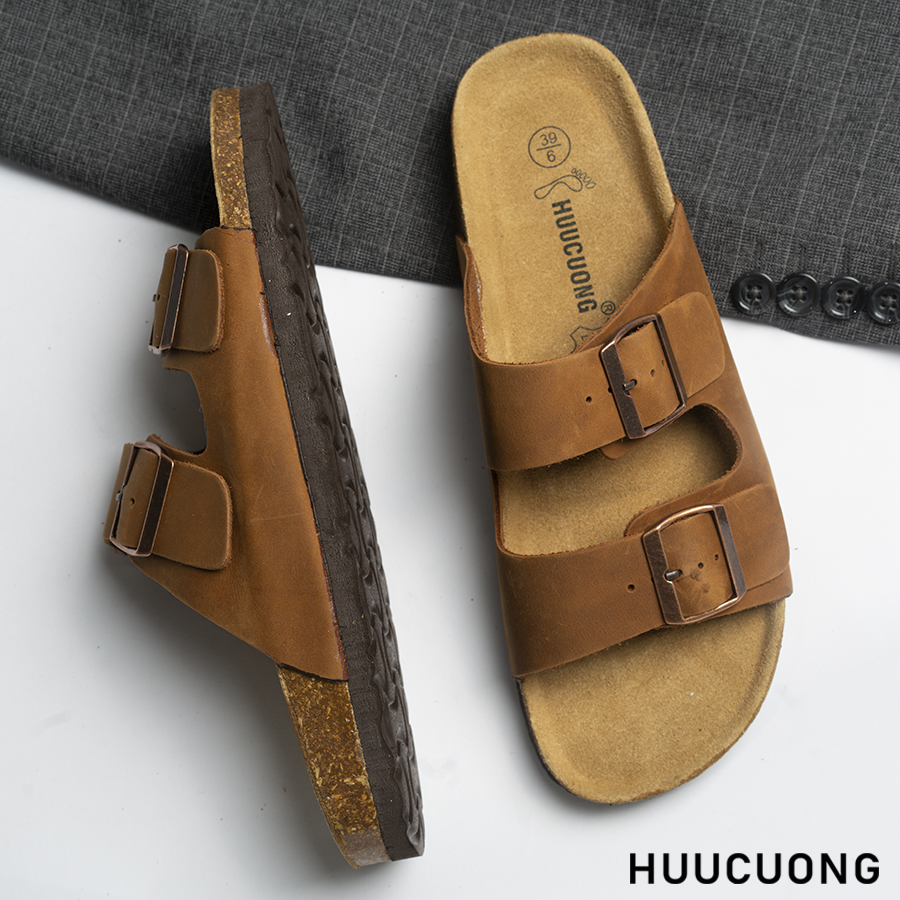 Dép unisex 2 khóa da bò nâu đế trấu