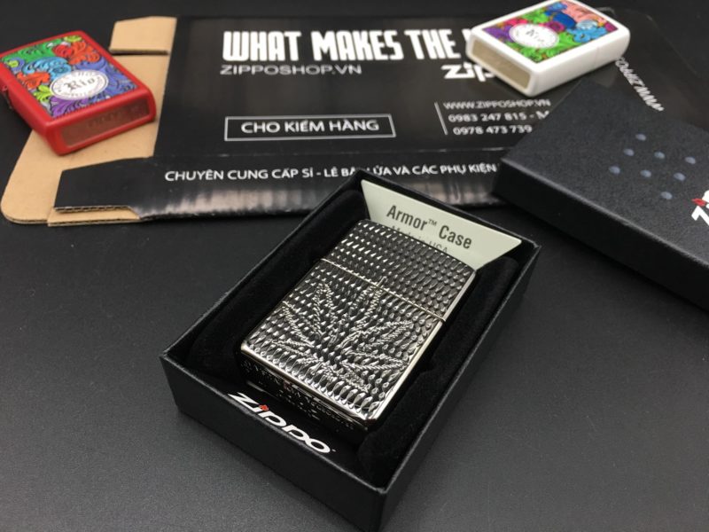 Zippo 29612 - Zippo Armor Engraved Weed Leaf Black Ice