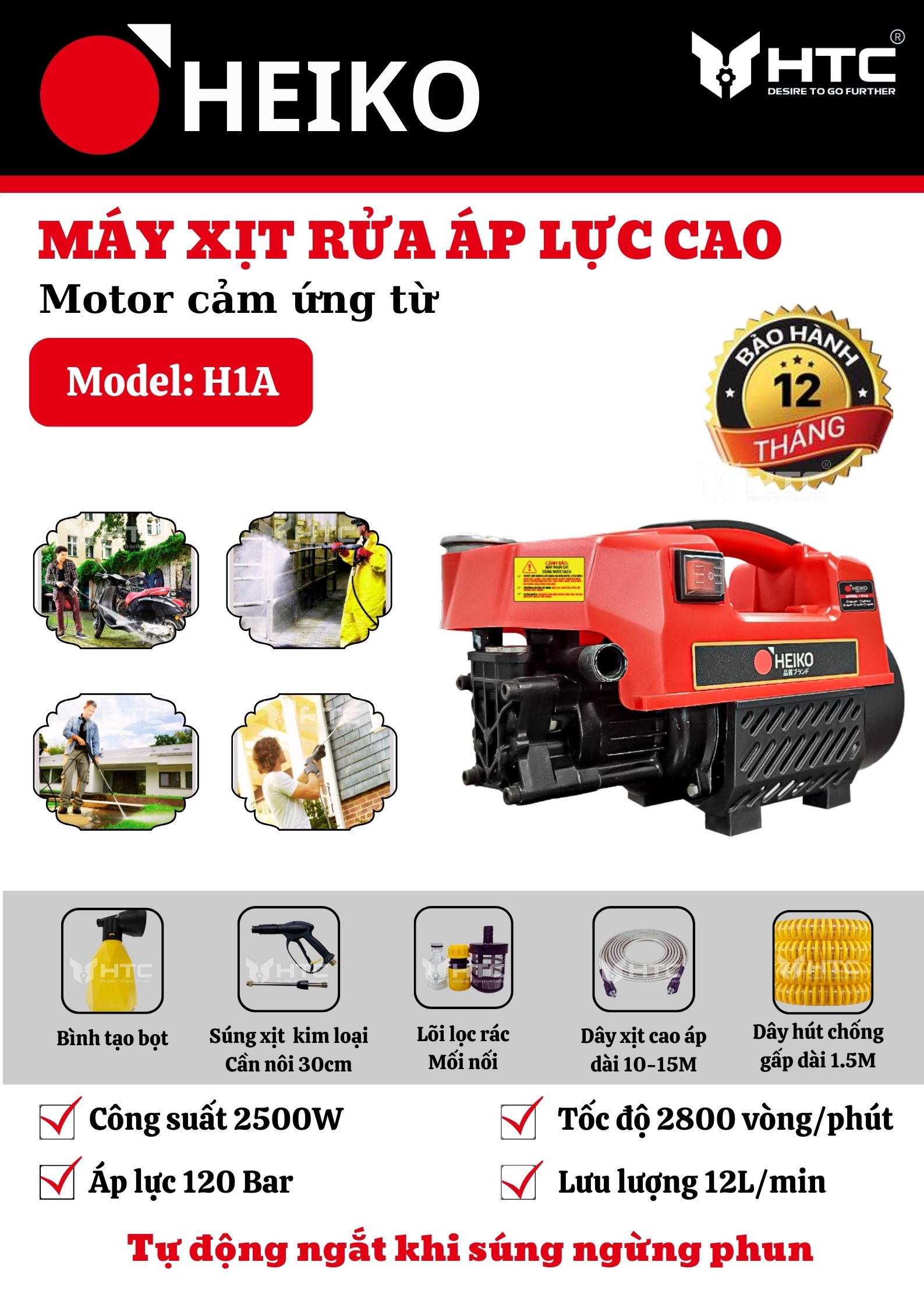 Máy xịt rửa xe motor đồng,cs thực 2500w-2800w,áp lực 120 bar,12l/phút hiệu heiko,có chỉnh áp và không chỉnh áp các loại