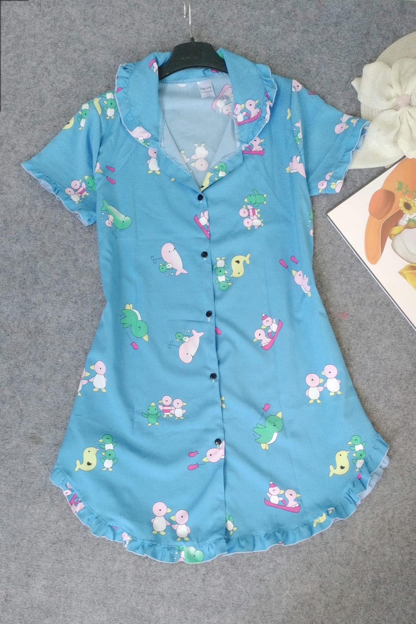 Đầm ngủ váy ngủ đồ ngủ mặc nhà lụa hàn họa tiết siêu xinh freesize dưới 57kg