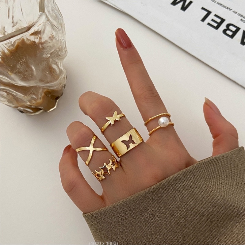 set nhẫn 5 chiếc phong cách retro, combo 5 nhẫn cá tính