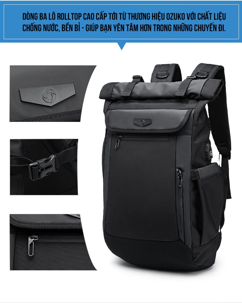 [BẢO HÀNH 5 NĂM]  Ba lô Rolltop chống nước thông minh cao cấp – OZUKO ROLLTOP