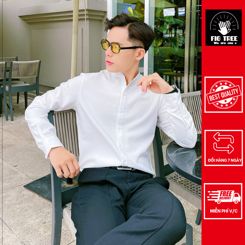 Áo sơ mi nam mau trắng cổ trụ for men
