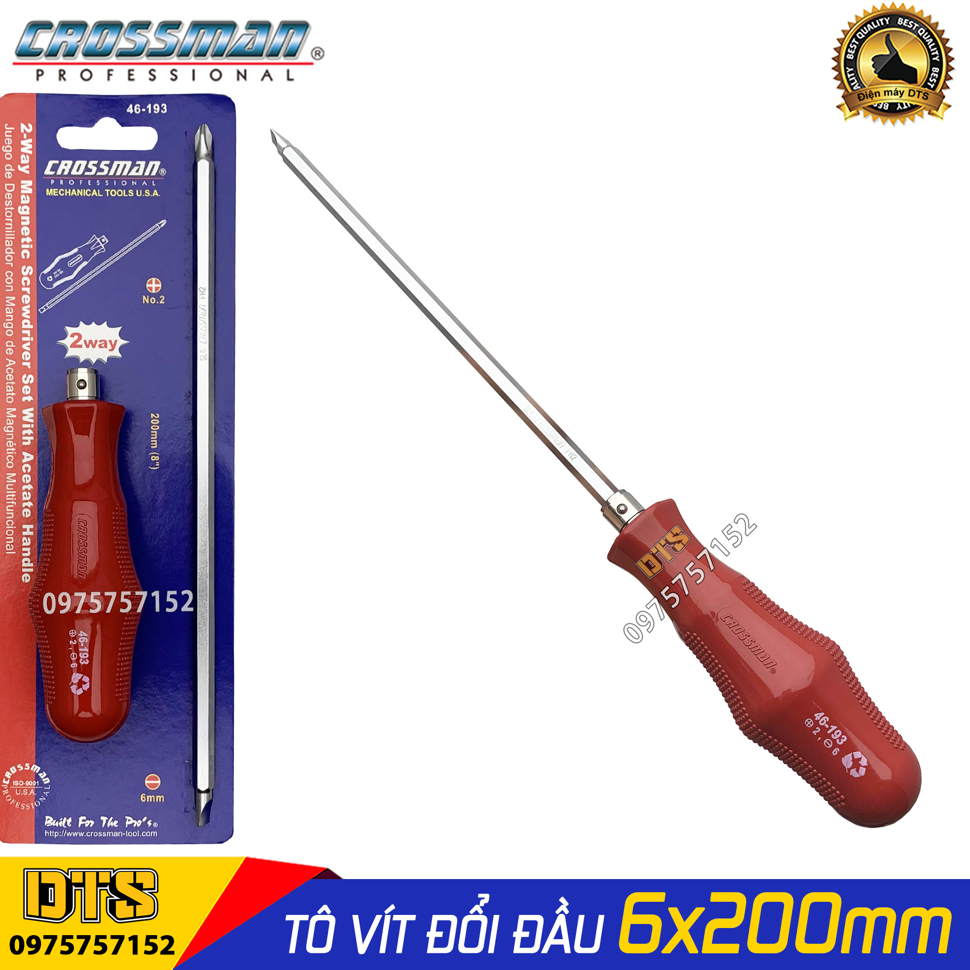 Tô vít 2 đầu cao cấp 6x200mm CROSSMAN 46-193, tua vít dẹp và bake trở đầu thép CR-V siêu cứng, siêu bền, đầu hít nam châm vĩnh cửu, tay cầm thiết kế chống lăn, chống va đập (Model mới nhất), tô vít đảo đầu, tua vít 2 đầu