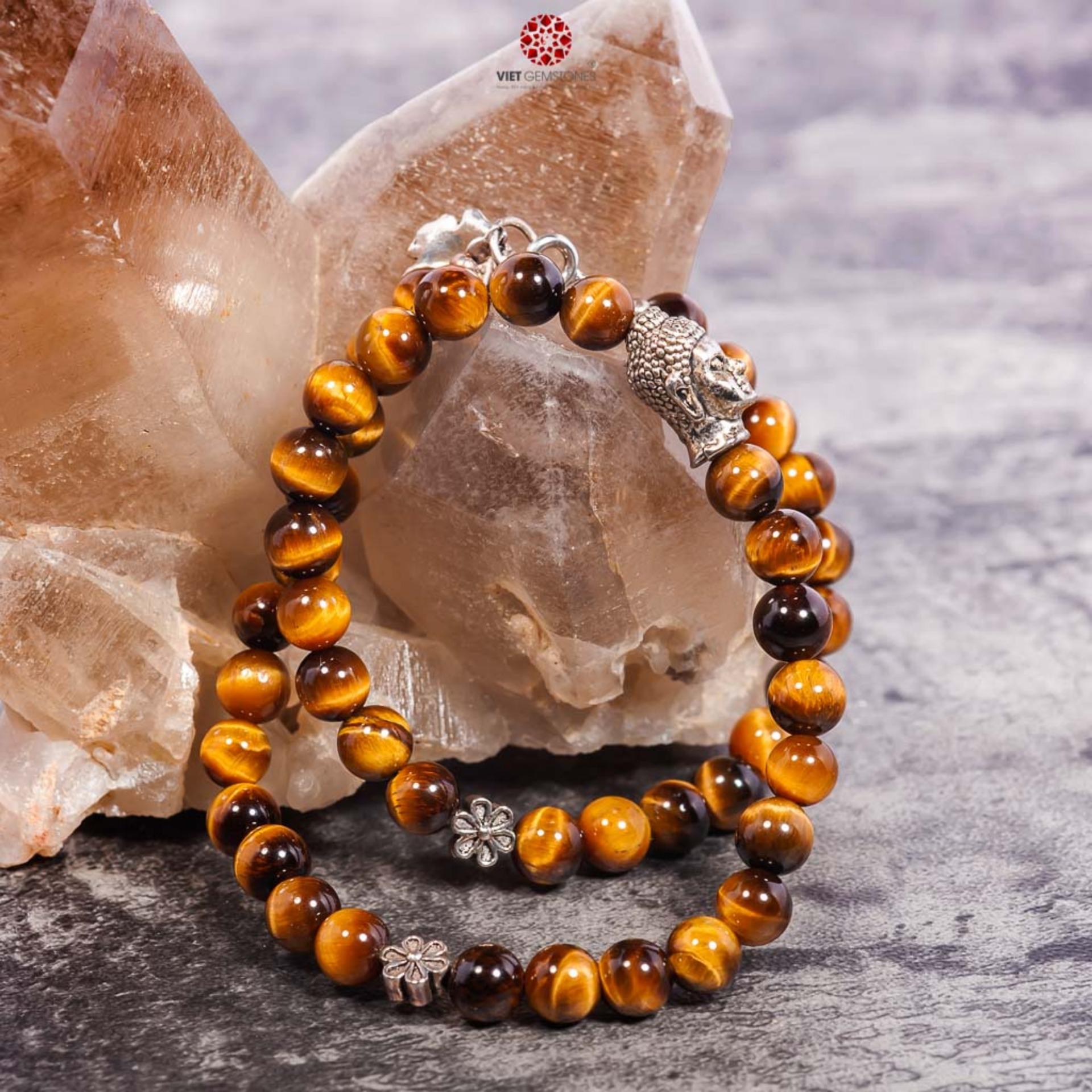 [HCM]Vòng tay mắt hổ vàng mix charm bạc (2 lines)