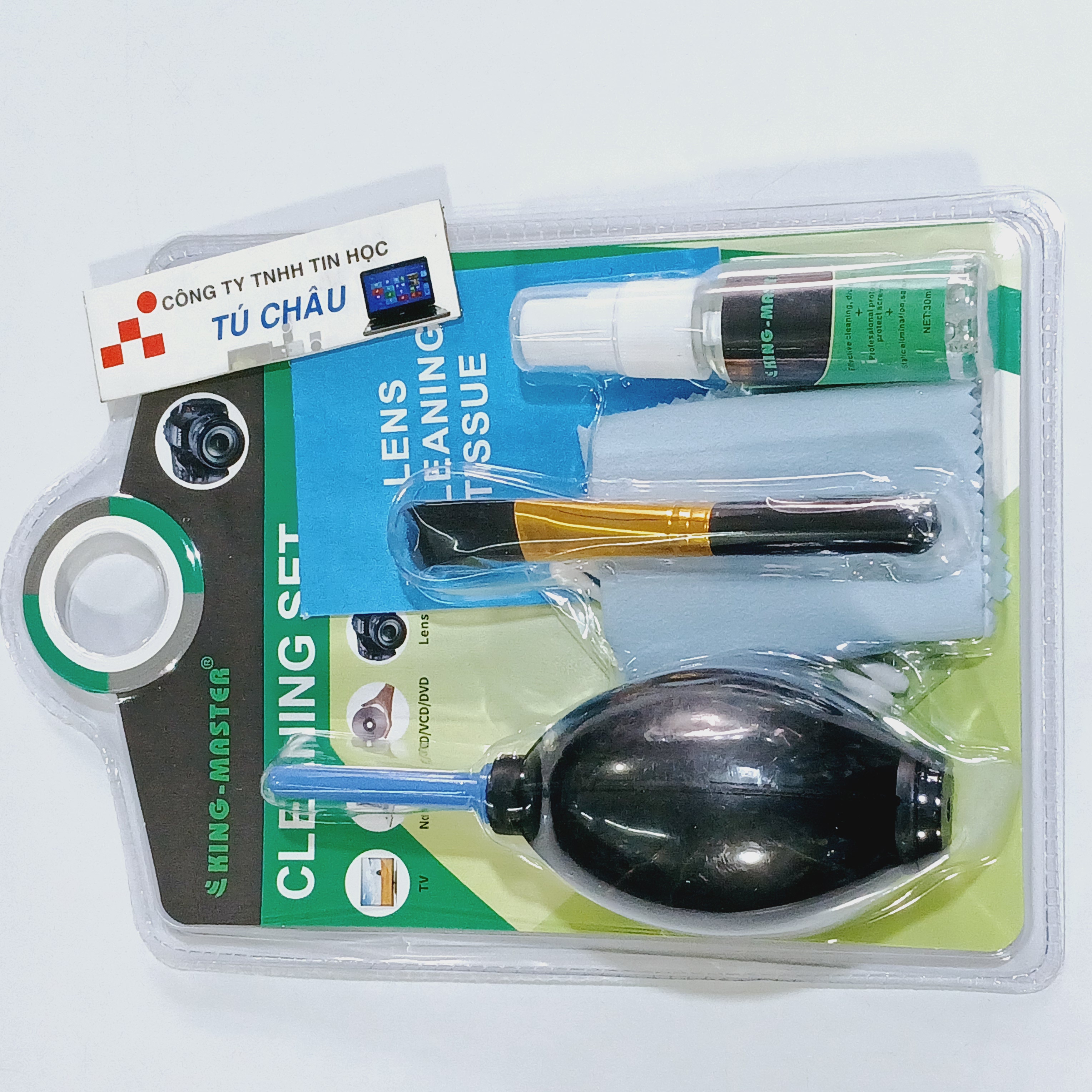 Bộ vệ sinh Laptop 6 món gồm: Chai nước, chổi quét, vãi lụa, bong chùi lén, Thổi hơi bóp sao su