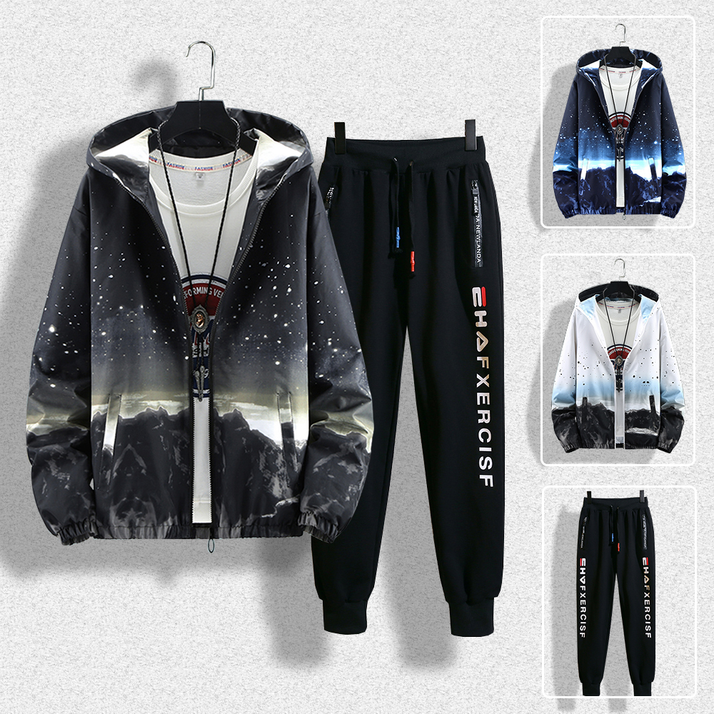 Bộ Quần Áo Nam  Mẫu Mới Hot Trend Năm 2024 Áo Khoác Nhẹ Nam Phối Hoạ Tiết Phong Cảnh Thiên Nhiên Kết Hợp Quần Jogger Thời Trang FASHION4MEN SET 90000131