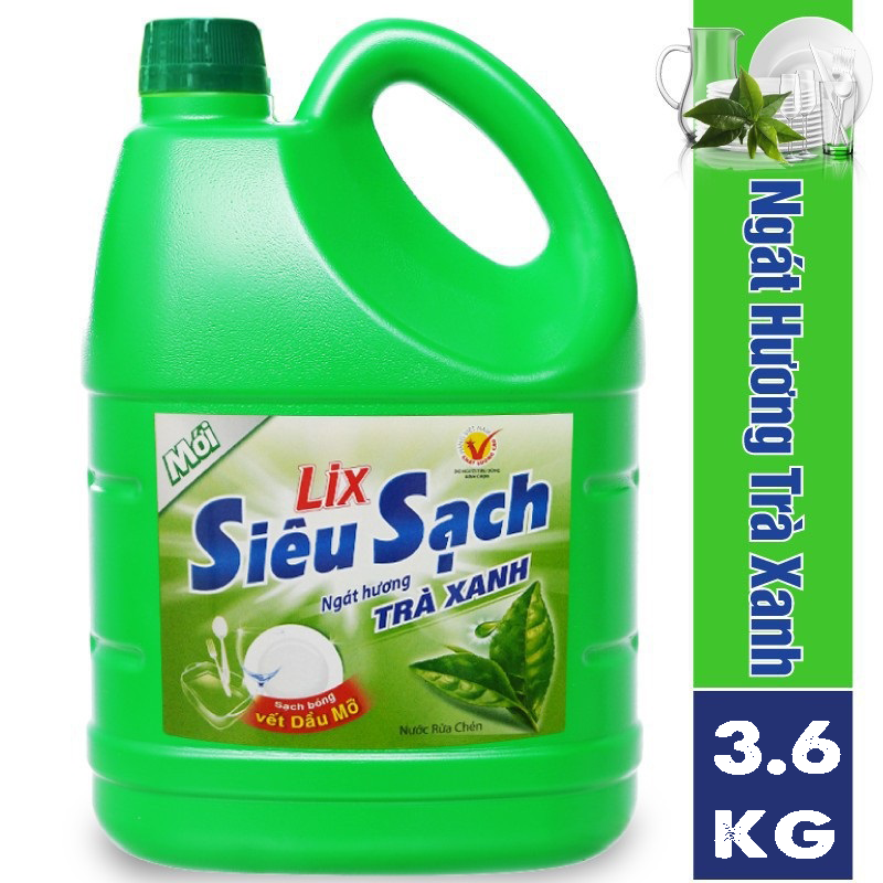 Nước rửa chén Siêu Sạch Lix 3.6kg hương Trà Xanh