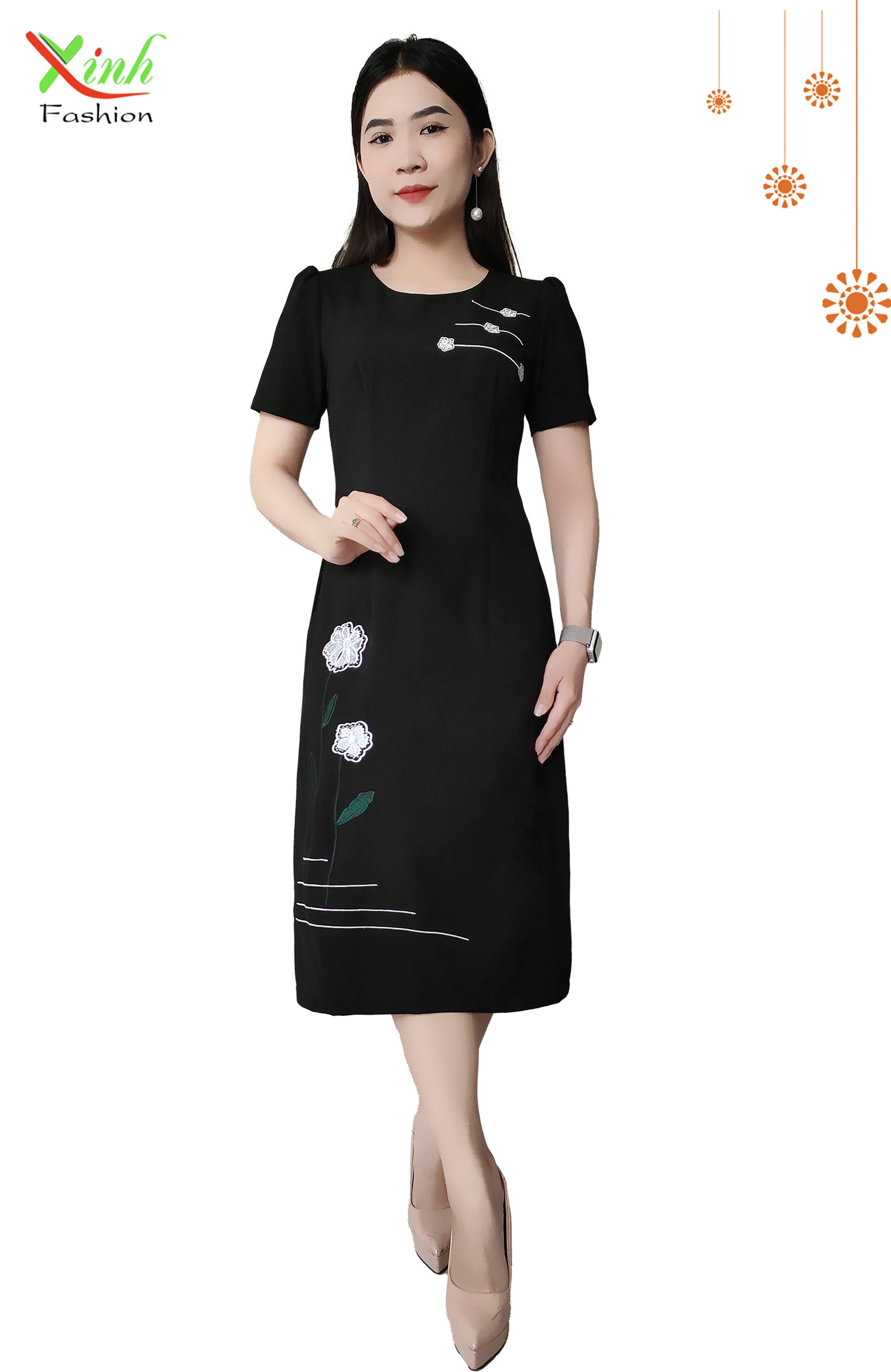 Đầm Suông A Hoa Thêu Đen Tôn Da Sáng Tạo Dáng Gọn DL874