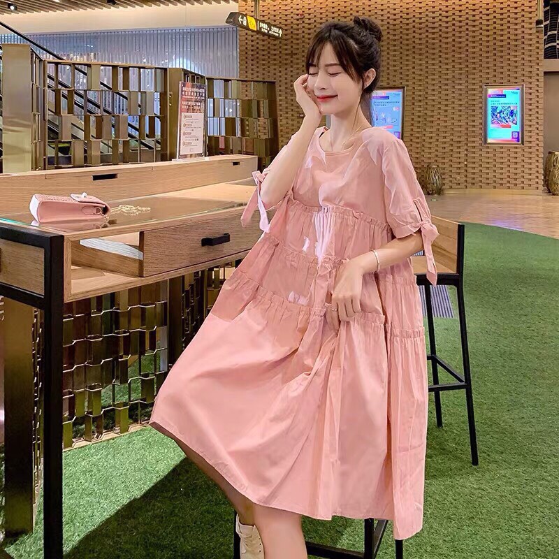 Đầm babydoll dúng tầng thắt nơ tay