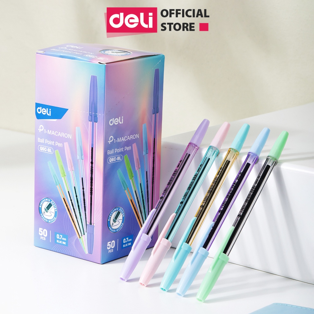 Combo 50 bút bi mực xanh ngòi 0.5-0.7mm nắp đậy màu pastel deli - bút bi 0.5mm mực semi gel màu ngẫu nhiên 1 chiếc